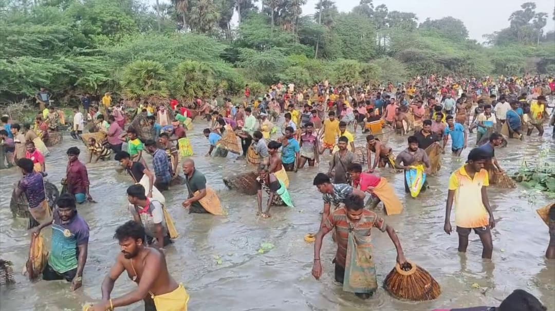 திருப்பத்தூர் செண்பகப்பேட்டை மேலக்கண்மாயில் மீன்பிடித் திருவிழா கோலாகலம்..