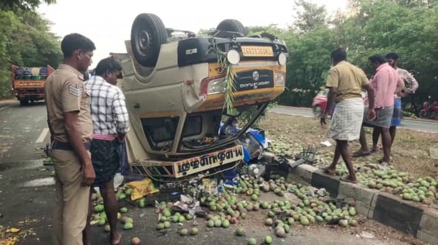 மாங்காய் லோடு ஏற்றிய சரக்கு வேன் கவிழ்ந்து விபத்து.. சாலையில் சிதறி ஓடிய மாங்காய்கள்..