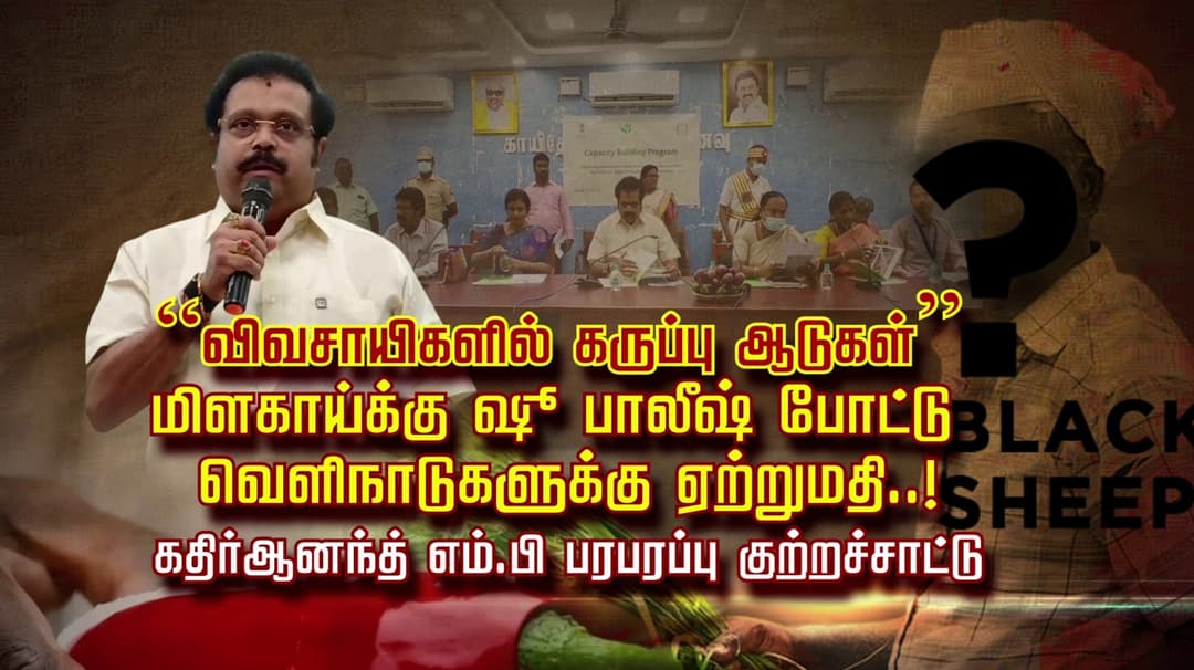 “விவசாயிகளில் கருப்பு ஆடுகள்” மிளகாய்க்கு ஷூ பாலீஷ் போட்டு 
     வெளி நாடுகளுக்கு ஏற்றுமதி ..! கதிர்ஆனந்த் எம்.பி பரபரப்பு குற்றச்சாட்டு