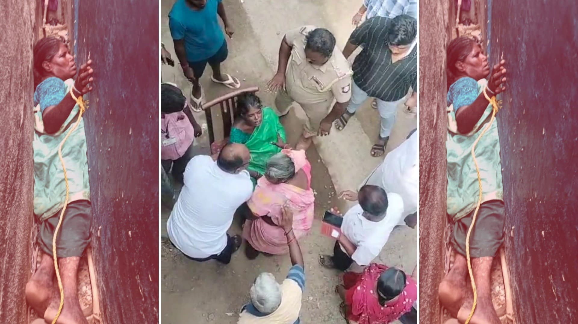 2 வீடுகளுக்கு இடையே உள்ள குறுகலான இடைவெளியில் சிக்கிய பெண்மணி..  பத்திரமாக மீட்ட தீயணைப்பு வீரர்கள்..