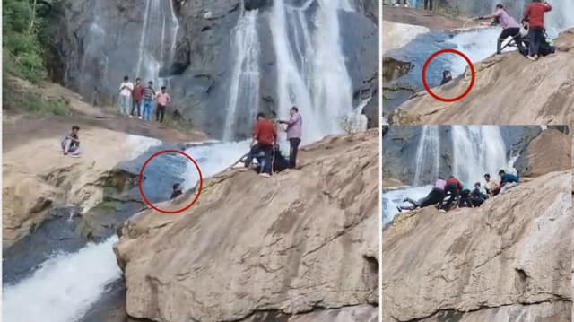 ஆபத்தான முறையில் பாறை மீது ஏறி செல்ஃபி எடுக்க முயன்ற இளைஞர்..  பத்திரமாக மீட்ட மலைவாழ் மக்கள்..