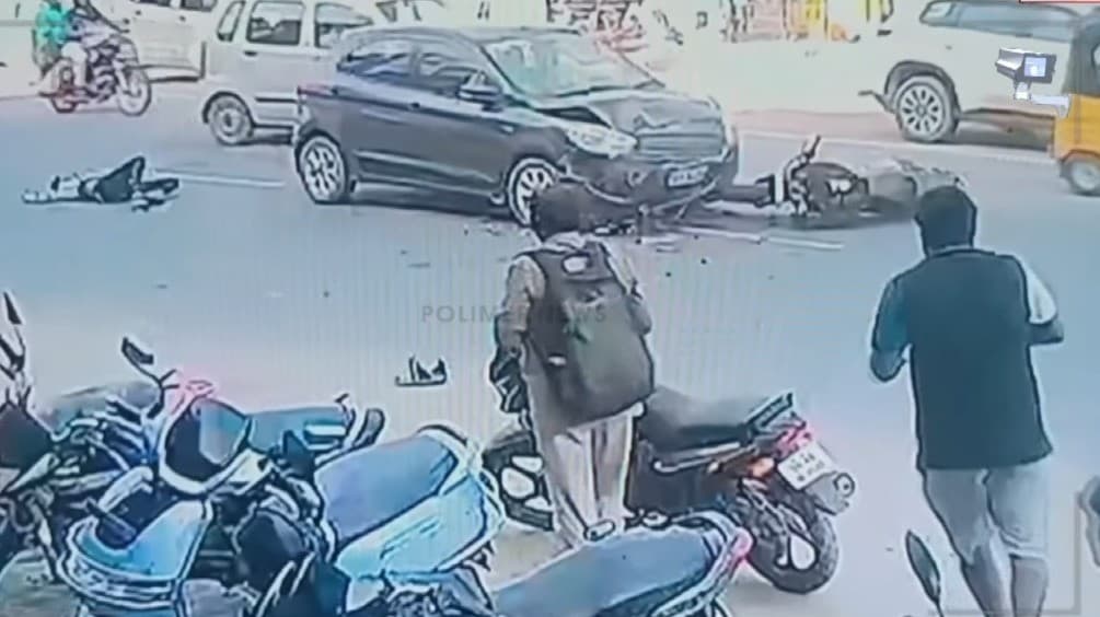 கார், பைக் நேருக்கு நேர் மோதி விபத்து - தூக்கி வீசப்பட்ட இளைஞர்