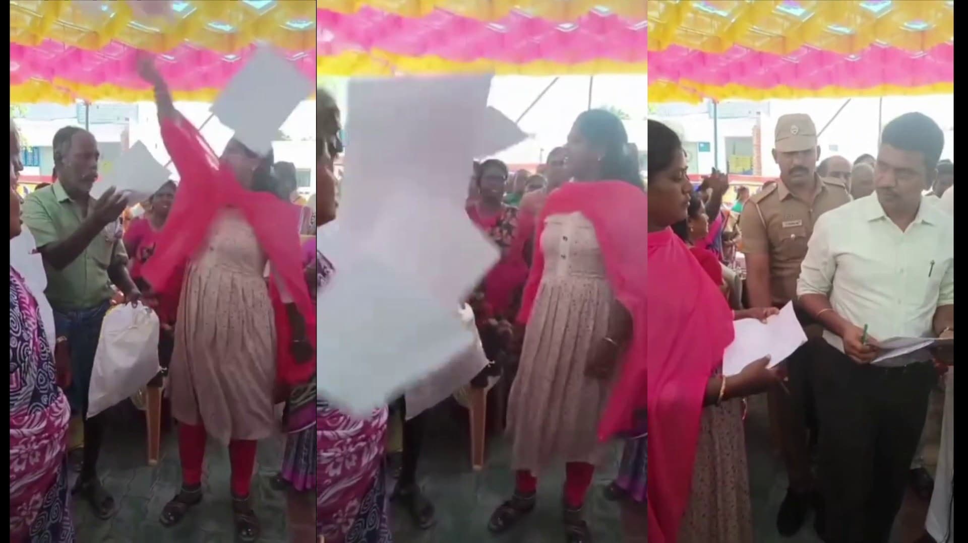 மாவட்ட ஆட்சியர் முன் கோரிக்கை மனுவை வீசி எறிந்த பெண்