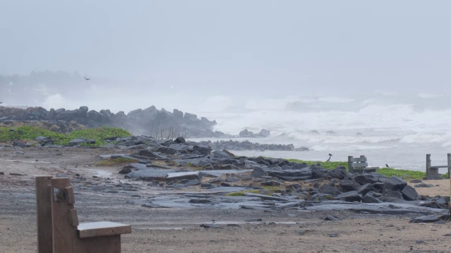 புதுச்சேரியில் புயலால் தொடரும் மழை - கொந்தளிக்கும் கடலால் சீறும் அலைகள்